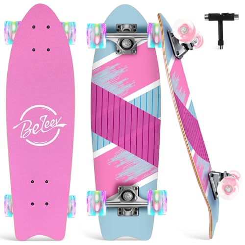 BELEEV Cruiser Skateboards for Beginners, 27 x 8 inch Complete Skateboard for Kids Teens Adults, 7 Ply Canadian Maple Double Kick Deck Concave Skateboard with Skate T-Tool (Light Pink) - Image 1