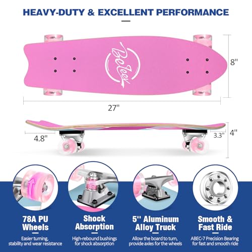 BELEEV Cruiser Skateboards for Beginners, 27 x 8 inch Complete Skateboard for Kids Teens Adults, 7 Ply Canadian Maple Double Kick Deck Concave Skateboard with Skate T-Tool (Light Pink) - Image 3