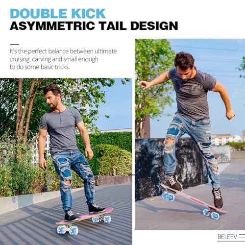 BELEEV Cruiser Skateboards for Beginners, 27 x 8 inch Complete Skateboard for Kids Teens Adults, 7 Ply Canadian Maple Double Kick Deck Concave Skateboard with Skate T-Tool (Light Pink) - Image 5
