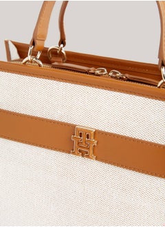 TOMMY HILFIGER Women's Canvas Leather Trim Medium Satchel -  Cotton blend canvas, Grey/ Beige  - Image 3