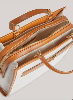 TOMMY HILFIGER Women's Canvas Leather Trim Medium Satchel -  Cotton blend canvas, Grey/ Beige  - Image 4