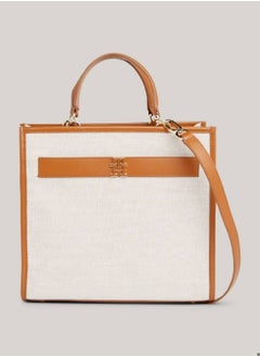 TOMMY HILFIGER Women's Canvas Leather Trim Medium Satchel -  Cotton blend canvas, Grey/ Beige  - Image 1