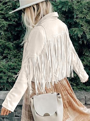 Bibowa Faux Leather Jackets For Women Trendy Cowgirl Outfits Fall Western Fringe Cropped Jacket 2025 Tassel Motorcycle Crop Coats Winter Beige Xl - Image 4