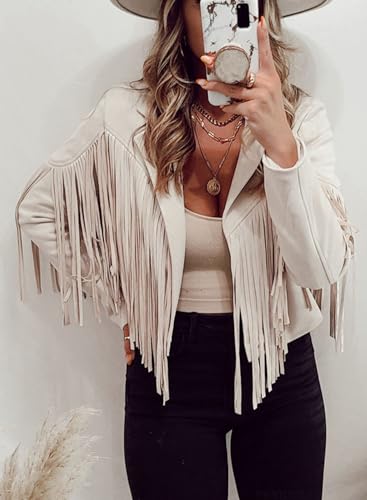 Bibowa Faux Leather Jackets For Women Trendy Cowgirl Outfits Fall Western Fringe Cropped Jacket 2025 Tassel Motorcycle Crop Coats Winter Beige Xl - Image 2