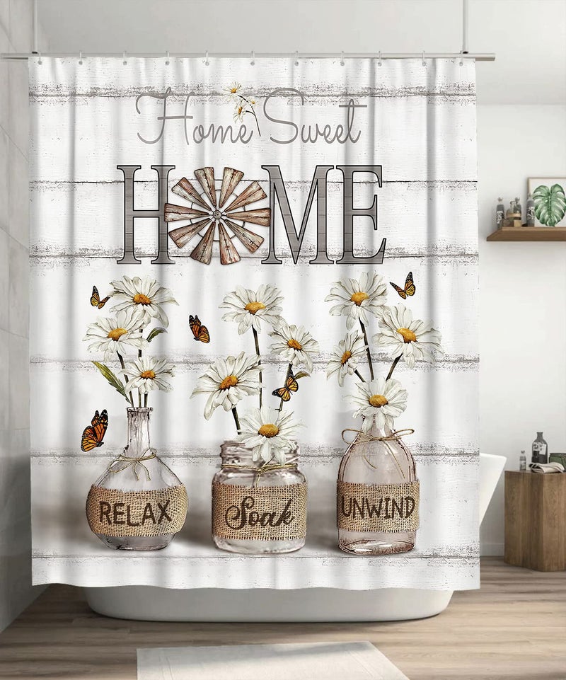 Tijuboni Farmhouse Daisy Shower Curtain White Flower Shower Curtains for Neutral Country Floral Bathroom Decor Rustic Shower Curtain Waterproof Polyester Fabric 72 x 72 Inch - Image 1