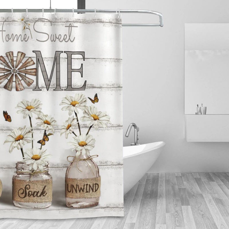 Tijuboni Farmhouse Daisy Shower Curtain White Flower Shower Curtains for Neutral Country Floral Bathroom Decor Rustic Shower Curtain Waterproof Polyester Fabric 72 x 72 Inch - Image 2