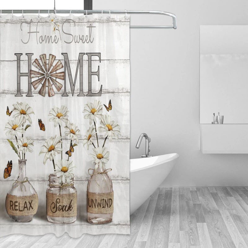 Tijuboni Farmhouse Daisy Shower Curtain White Flower Shower Curtains for Neutral Country Floral Bathroom Decor Rustic Shower Curtain Waterproof Polyester Fabric 72 x 72 Inch - Image 3