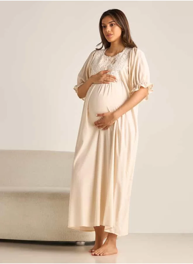 فاف Lace Detail Maternity Night Gown with Puff Sleeves