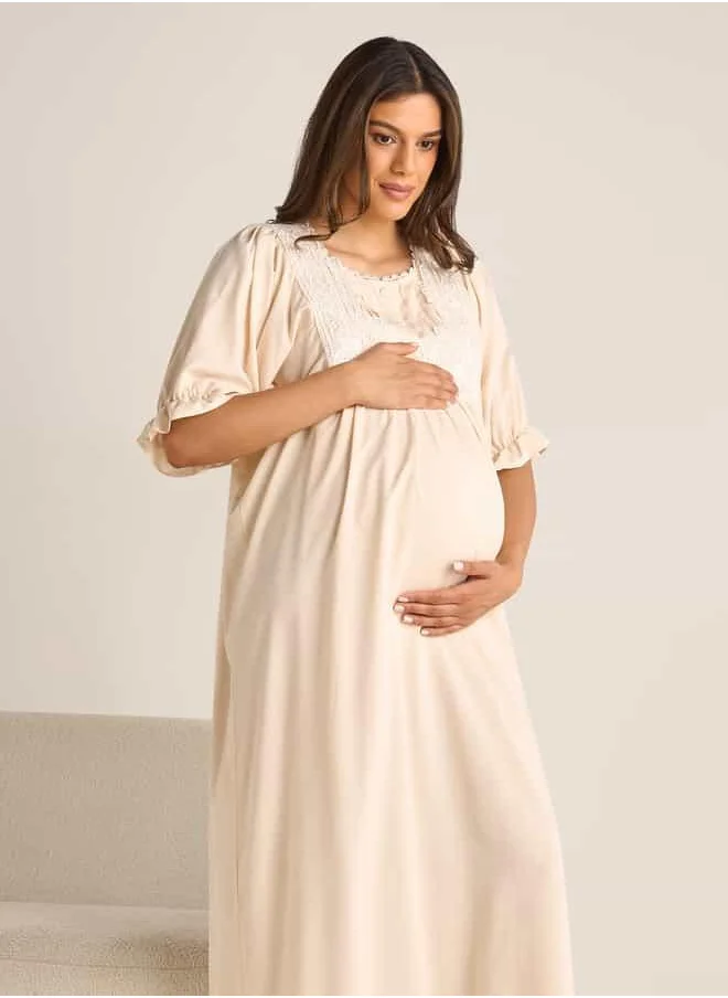 فاف Lace Detail Maternity Night Gown with Puff Sleeves