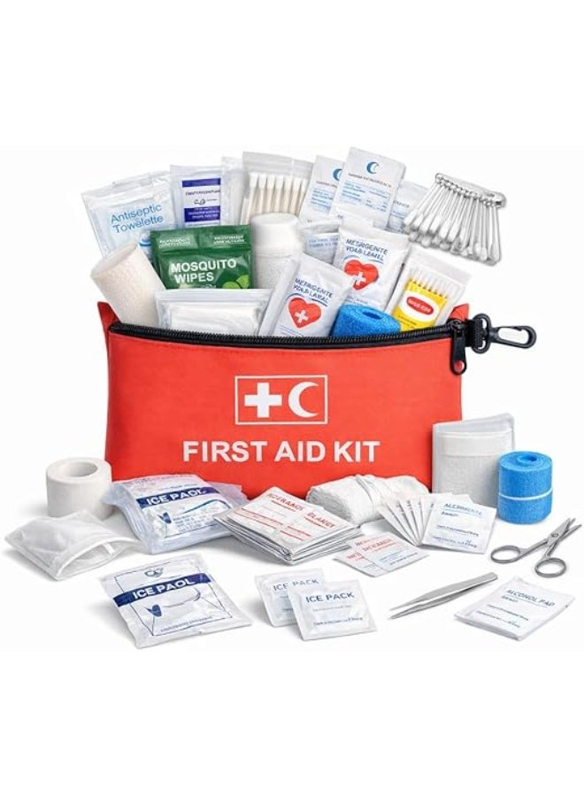 MOOR First Aid Pouch – Complete Red Emergency Kit with Bandages, Gauze, Scissors, Gloves & Medical Supplies for Home, Car, Office & Outdoor Use - Image 1