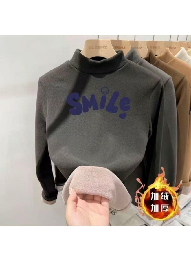 Autumn And Winter Kidsren's Velvet Thickeneded Velvet Bottoming Shirt For Boys And Girls Half Turtleneck Cartoon Printed Long-sleeved T-shirt