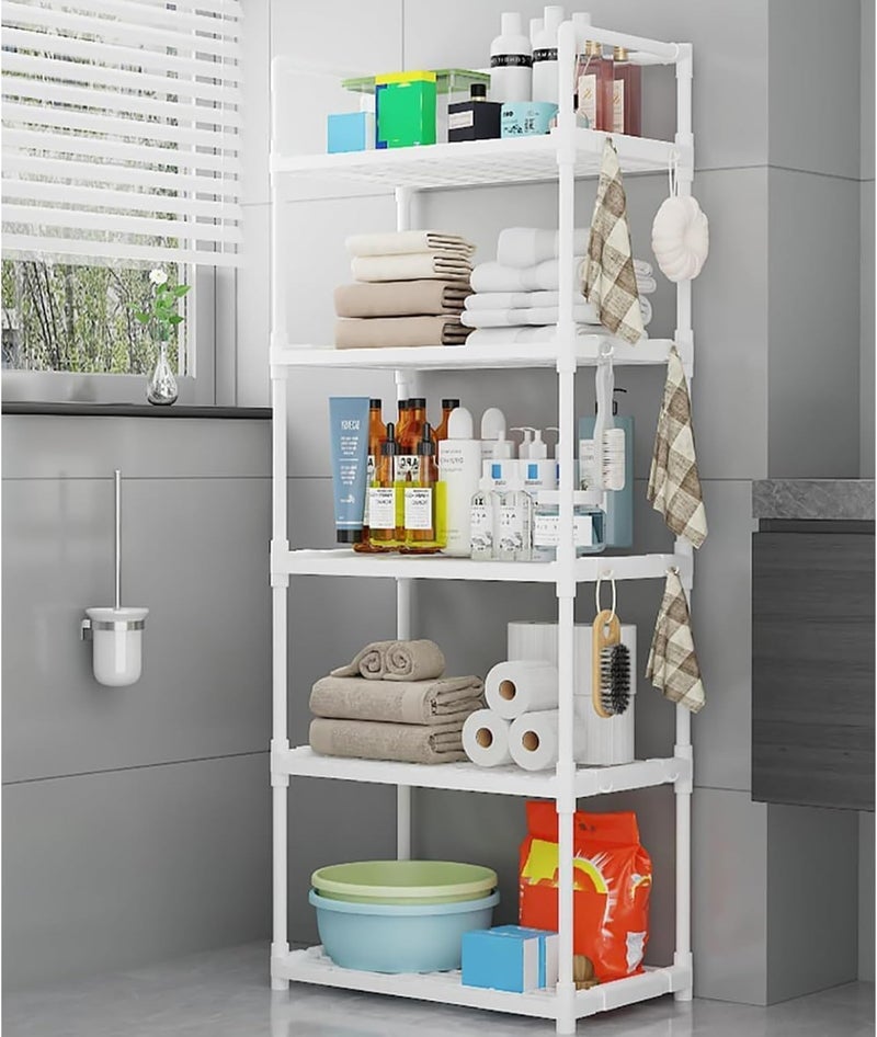 AOHRYME وحدة رفوف مطبخ من 5 طبقات، منظم رفوف تخزين مع خطافات جانبية ومقبض، منظم تخزين رف مرآب معياري لغرفة الغسيل والمرافق والحمام والمطبخ والمرآب ومخزن المؤن (أبيض) - Image 4