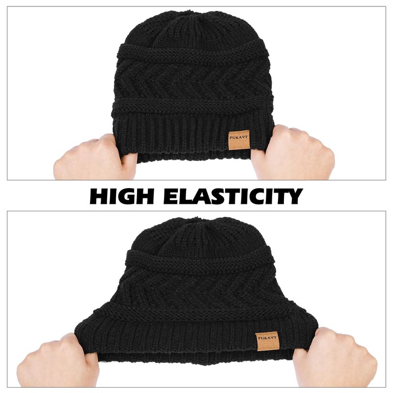 Pukavt 2 Pack Winter Hat Ponytail Beanie Hat for Women, Soft Stretch Cable Knit Messy Bun Beanie,Trendy and Warm Black with Deep Grey - Image 2