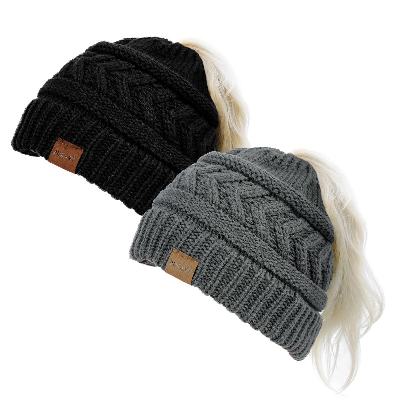 Pukavt 2 Pack Winter Hat Ponytail Beanie Hat for Women, Soft Stretch Cable Knit Messy Bun Beanie,Trendy and Warm Black with Deep Grey - Image 1