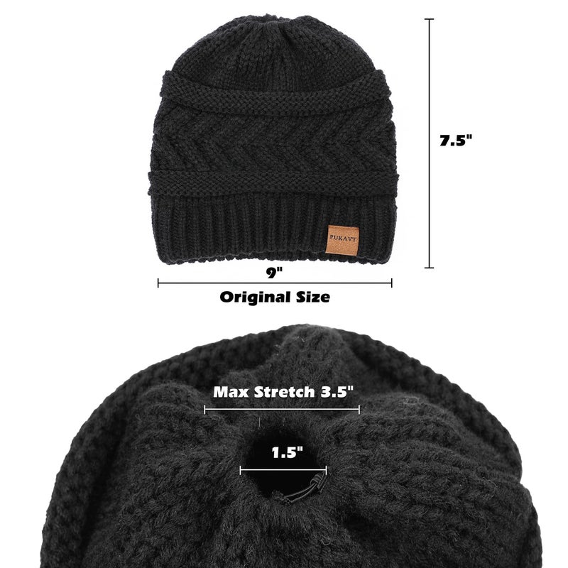 Pukavt 2 Pack Winter Hat Ponytail Beanie Hat for Women, Soft Stretch Cable Knit Messy Bun Beanie,Trendy and Warm Black with Deep Grey - Image 4