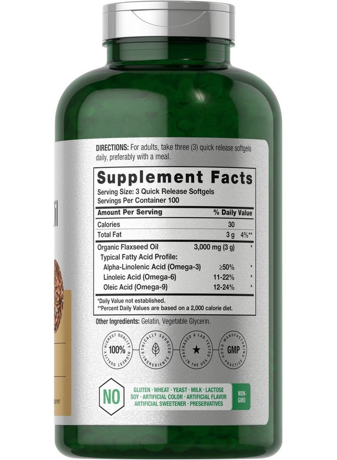 Horbäach Flax Seed Oil Softgels 3000mg | 300 Capsules | Cold Pressed | with Omega 3 6 9 | Alpha-Linolenic, Linoleic, and Oleic Acid | High Potency | Non-GMO & Gluten Free Supplement - Image 1