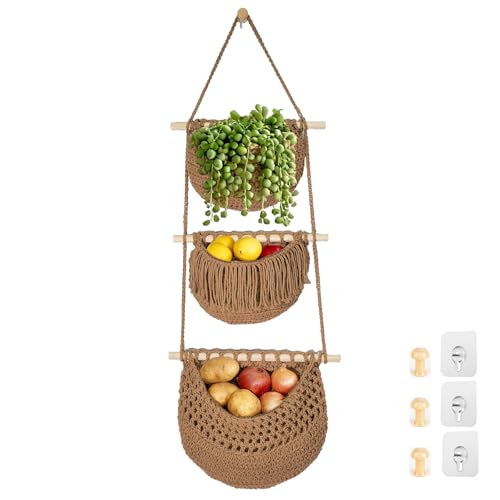 Halidali 3 Tier Hanging Fruit Baskets for Kitchen Boho Cotton Rope Handwoven Vegetable Hammock Produce Storage Wall Mounted Large Organizing Basket for Farmhouse Decor Onion Potato Caramel - Image 1
