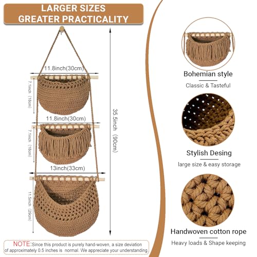 Halidali 3 Tier Hanging Fruit Baskets for Kitchen Boho Cotton Rope Handwoven Vegetable Hammock Produce Storage Wall Mounted Large Organizing Basket for Farmhouse Decor Onion Potato Caramel - Image 3