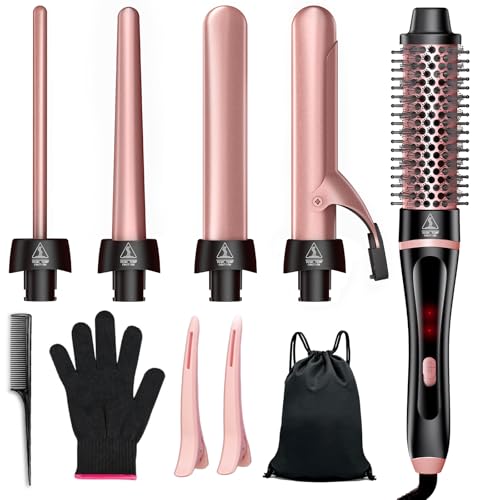 YGOVVK 5 in 1 Curling Iron & Thermal Brush Set with 4 Interchangeable Ceramic Barrels (0.35”-1.25”) Fast Heat Dual Voltage Travel Hair Tools Birthday Gift for Women - Hair Curler Wand Kit for Curls & Blowout - Image 1