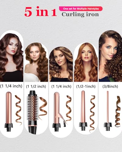 YGOVVK 5 in 1 Curling Iron & Thermal Brush Set with 4 Interchangeable Ceramic Barrels (0.35”-1.25”) Fast Heat Dual Voltage Travel Hair Tools Birthday Gift for Women - Hair Curler Wand Kit for Curls & Blowout - Image 2