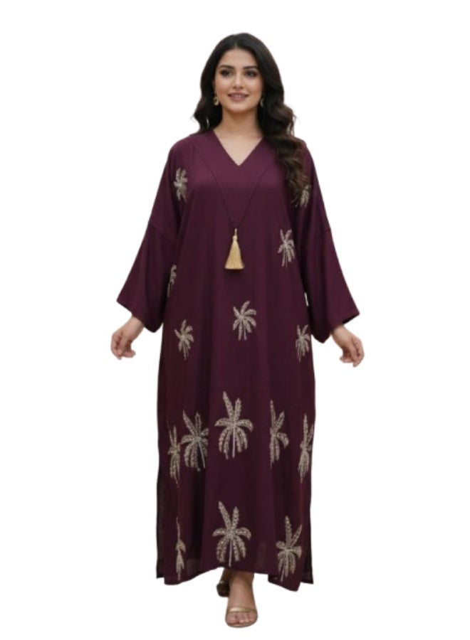 عباية نسائية كتان إسباني فاخر – قصة فضفاضة بأكمام واسعة وتطريز راقٍ - Image 1