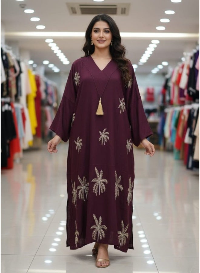 عباية نسائية كتان إسباني فاخر – قصة فضفاضة بأكمام واسعة وتطريز راقٍ - Image 2