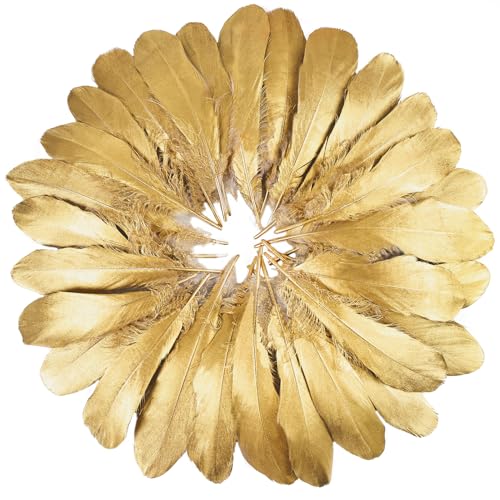 FeelfunFeather 120pcs Gold Goose Feathers 6-8 Inch 15-20cm Decorative Natural Goose Nagoire Feather Bulk for DIY Crafts Cosplay Wedding Party Christmas Halloween Home Decoration - Image 1