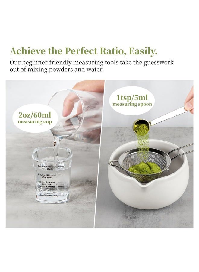 YIBO Matcha Whisk Set With Bowl, Matcha Making Kit Bamboo Whisk(Chasen), Ceramic Whisk Holder, Powder Starter Sifter, Scoop Japanese Tea Tools For Ceremony Gift (White) - Image 3