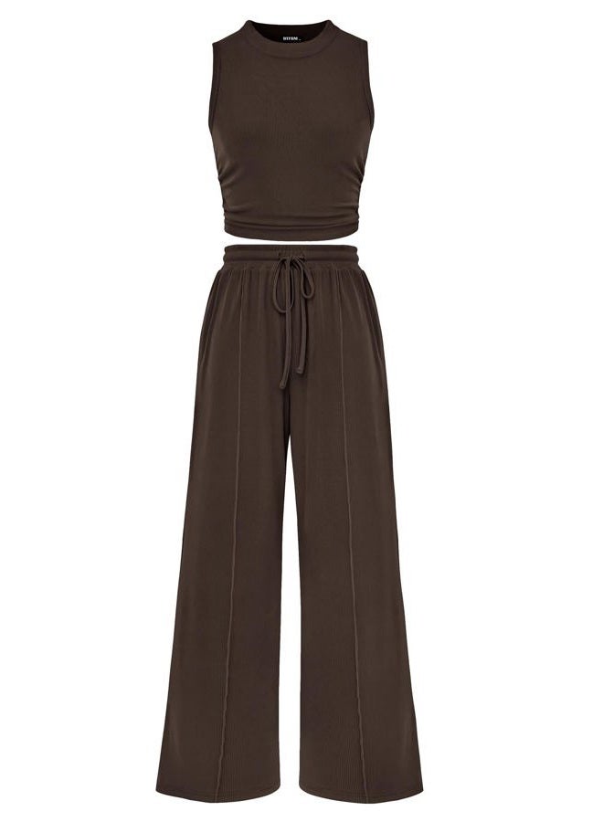 BTFBM Women Summer 2 Piece Outfits 2025 Beach Crew Neck Sleeveless Cropped Top Elastic Waist Wide Leg Pants Lounge Set, Coffee, M - Image 1