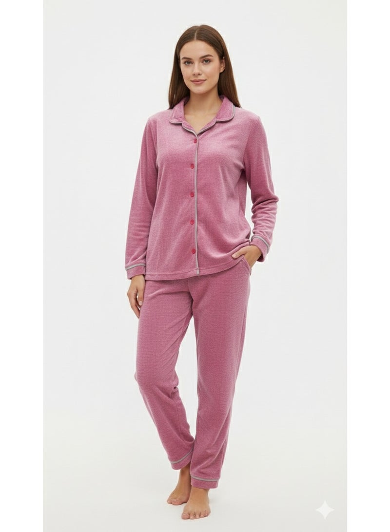 زيكوتكس  طقم بيجامة قطيفة نسائي قطعتين بياقة وأزرار أمامية - لون وردي داكن (Deep Pink) - مخمل شتوي دافئ وناعم - Image 1