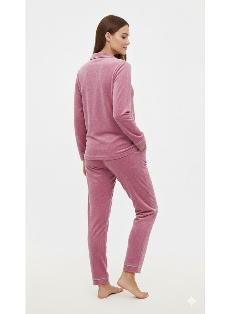 زيكوتكس  طقم بيجامة قطيفة نسائي قطعتين بياقة وأزرار أمامية - لون وردي داكن (Deep Pink) - مخمل شتوي دافئ وناعم - Image 3