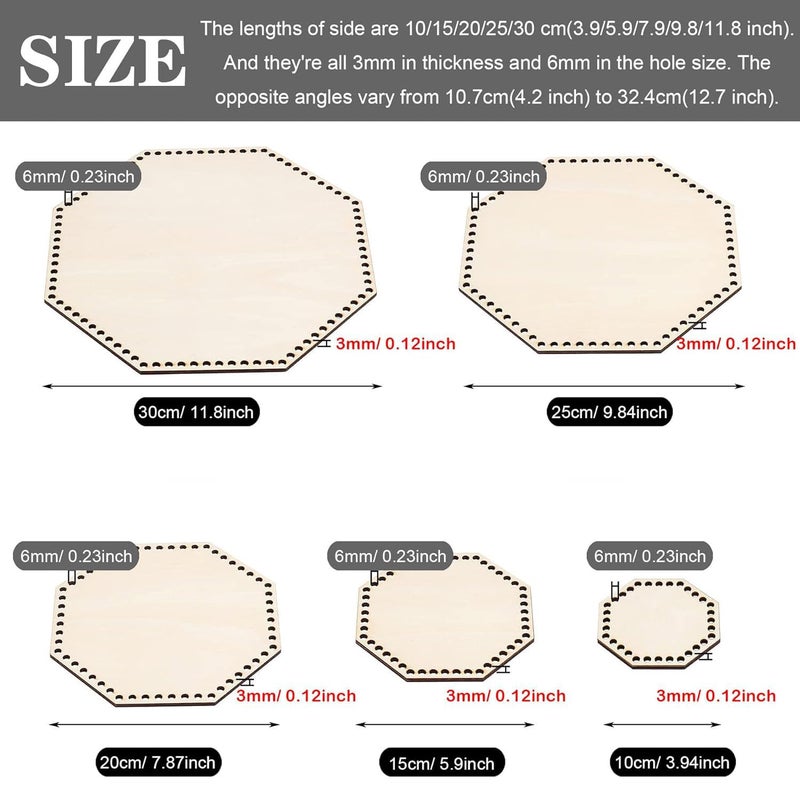 Haoser Unfinished Wooden Hexagonal Wooden Basket Bottom Wooden Base Shape Blank Crochet Base for DIY Basket Craft Weaving Making Supplies, Unfinished Wooden Base Laser Cut with Hole (5 Pcs, 5 Sizes) - Image 3