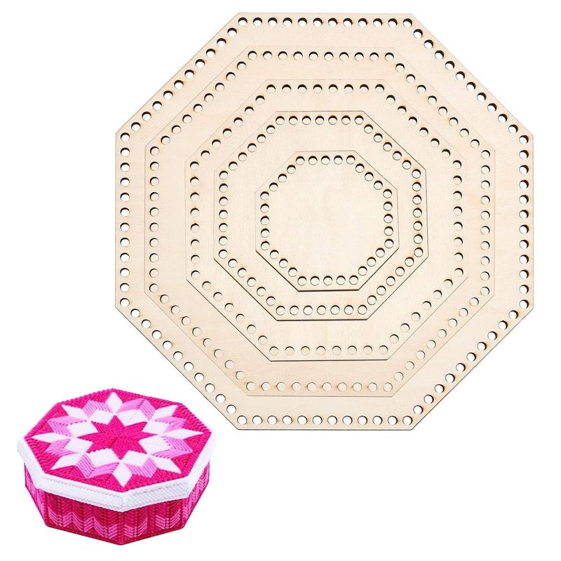 Haoser Unfinished Wooden Hexagonal Wooden Basket Bottom Wooden Base Shape Blank Crochet Base for DIY Basket Craft Weaving Making Supplies, Unfinished Wooden Base Laser Cut with Hole (5 Pcs, 5 Sizes) - Image 1
