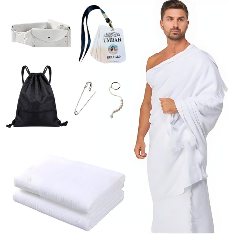 6 Pcs Set Ahram Towels for Mens - Hajj Umrah Ihram - Cotton White - Lightweight, Quick-Dry, Portable with Built-in Belt Bag, Dua Card, Tasbeeh, Shoebag Pins - Image 1