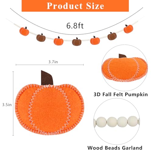 DAZONGE Thanksgiving Decorations for Home, Felt Pumpkin Bead Garland for and Wood Bead for Thanksgiving Decor, Fall Banner for Mantle Wall Decor - Image 3