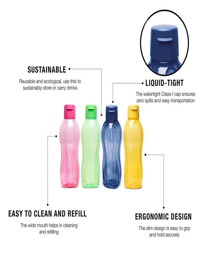 Tupperware Aquasafe Plastic Fliptop Bottle Set, 1 Litre, Set of 4, Multicolour - Image 3