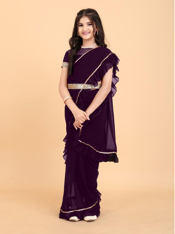 Xavima Kids Solid/Plain Georgette Belt Ready to Wear Saree With Unstitched Blouse Piece- Purple_Size : 8-9 Y - Image 3