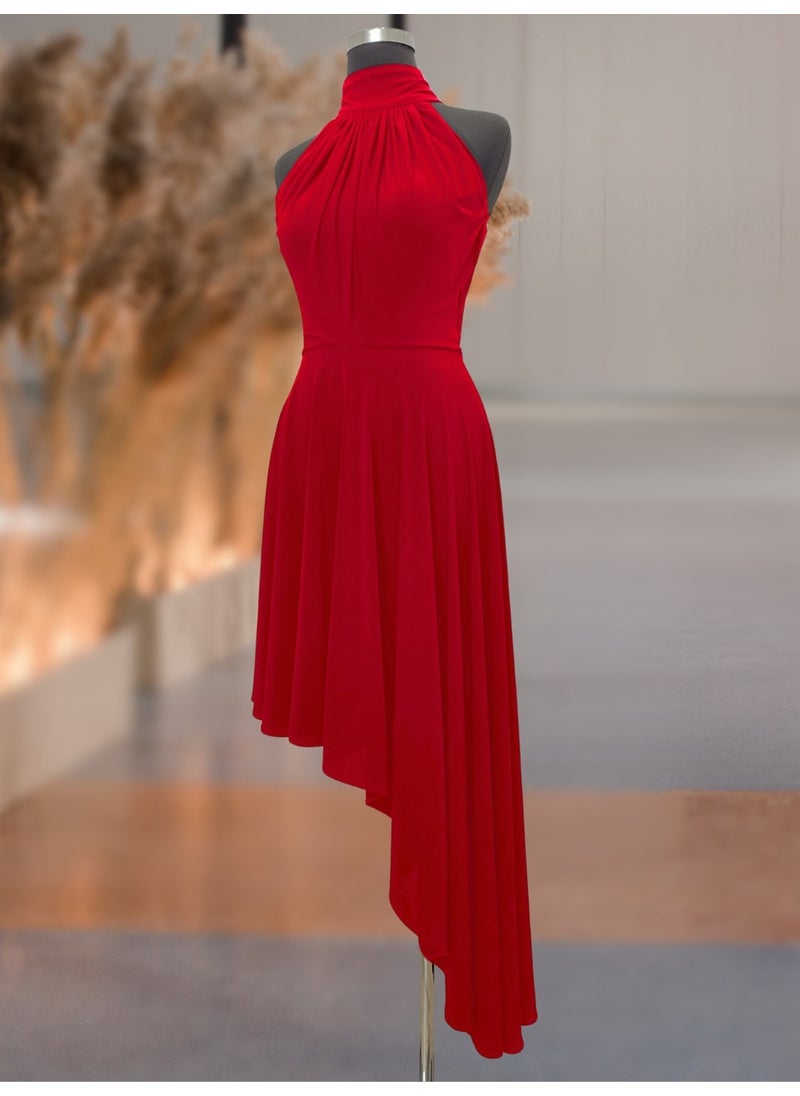 Due Stelle Red Asymmetrical Skirted Backless Flared Dress  - Image 1