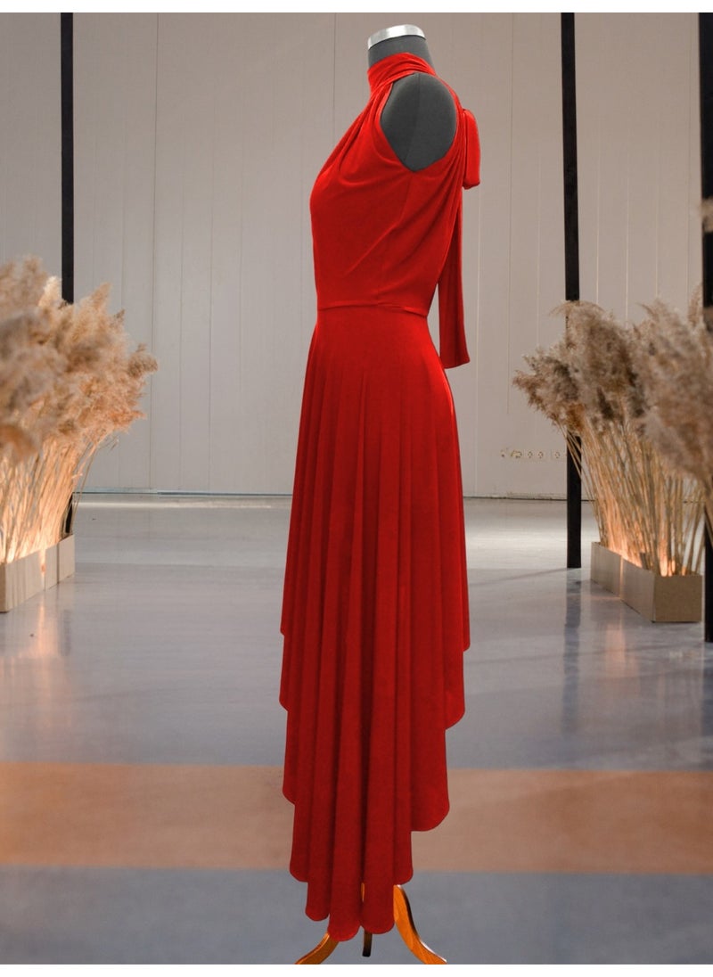 Due Stelle Red Asymmetrical Skirted Backless Flared Dress  - Image 3