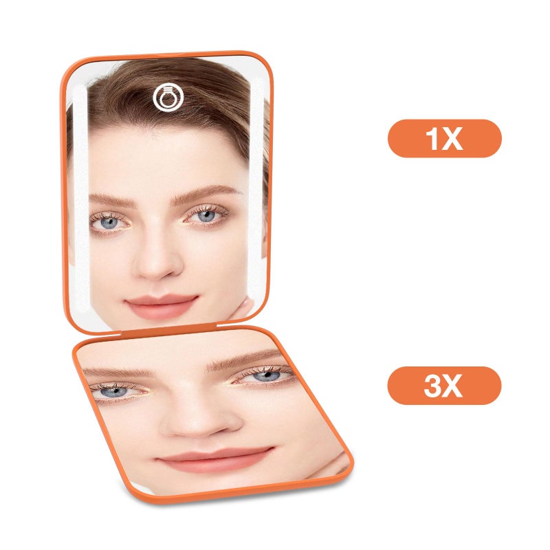 Kintion Rechargeable Pocket Mirror, Double Sided 1X/3X Magnification Compact Vanity Mirror, 3 Color Lights, Dimmable, Small Portable Wallet Mirror, Lighted Travel Mirror for Women Gifts, Orange - Image 3