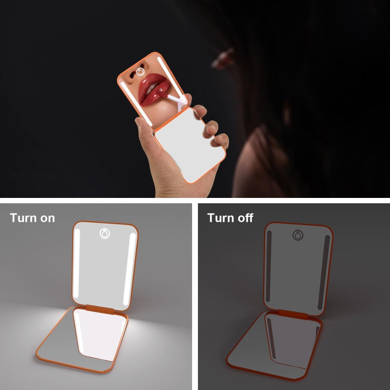 Kintion Rechargeable Pocket Mirror, Double Sided 1X/3X Magnification Compact Vanity Mirror, 3 Color Lights, Dimmable, Small Portable Wallet Mirror, Lighted Travel Mirror for Women Gifts, Orange - Image 4