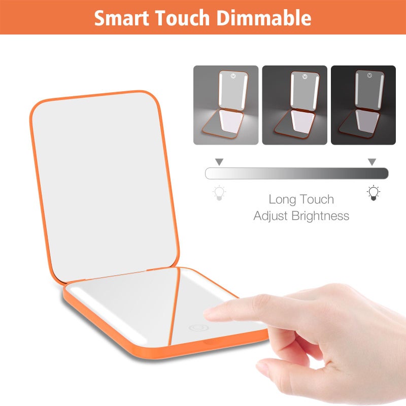 Kintion Rechargeable Pocket Mirror, Double Sided 1X/3X Magnification Compact Vanity Mirror, 3 Color Lights, Dimmable, Small Portable Wallet Mirror, Lighted Travel Mirror for Women Gifts, Orange - Image 5