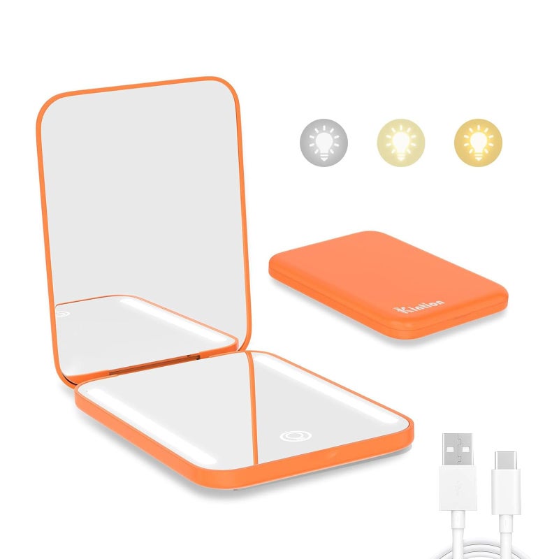 Kintion Rechargeable Pocket Mirror, Double Sided 1X/3X Magnification Compact Vanity Mirror, 3 Color Lights, Dimmable, Small Portable Wallet Mirror, Lighted Travel Mirror for Women Gifts, Orange - Image 1