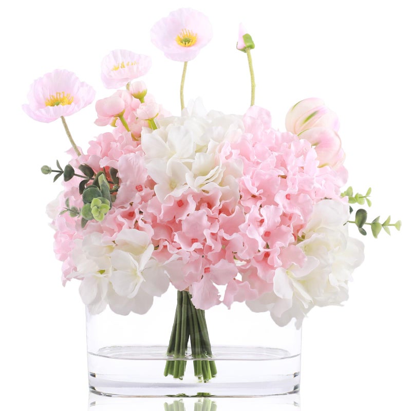 WELL KNOWN Hydrangea Tulip Flowers in Vase, Artificial Flowers with Vase, Silk Hydrangea Tulip Flower Faux Flowers in Vase Centerpiece Table Decor for Dining Room Decoration (Pink) - Image 1