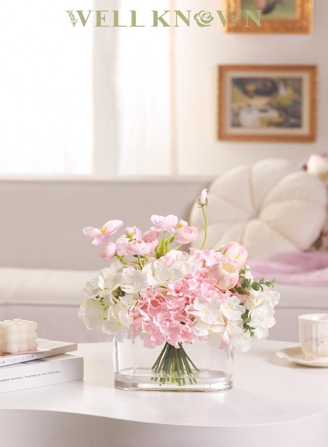 WELL KNOWN Hydrangea Tulip Flowers in Vase, Artificial Flowers with Vase, Silk Hydrangea Tulip Flower Faux Flowers in Vase Centerpiece Table Decor for Dining Room Decoration (Pink) - Image 3