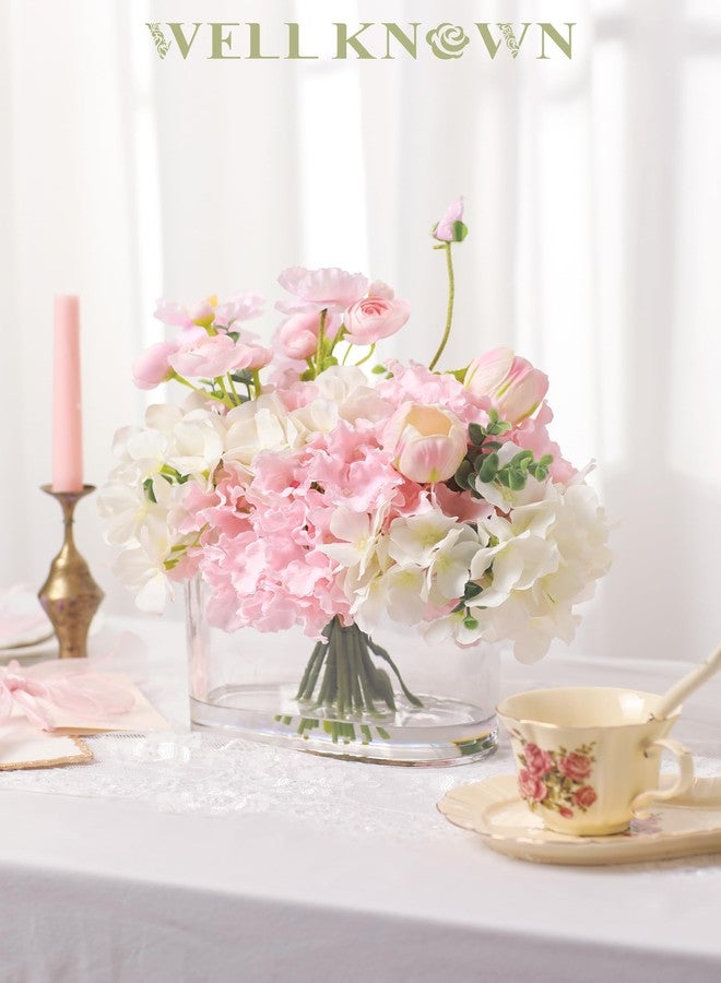 WELL KNOWN Hydrangea Tulip Flowers in Vase, Artificial Flowers with Vase, Silk Hydrangea Tulip Flower Faux Flowers in Vase Centerpiece Table Decor for Dining Room Decoration (Pink) - Image 2