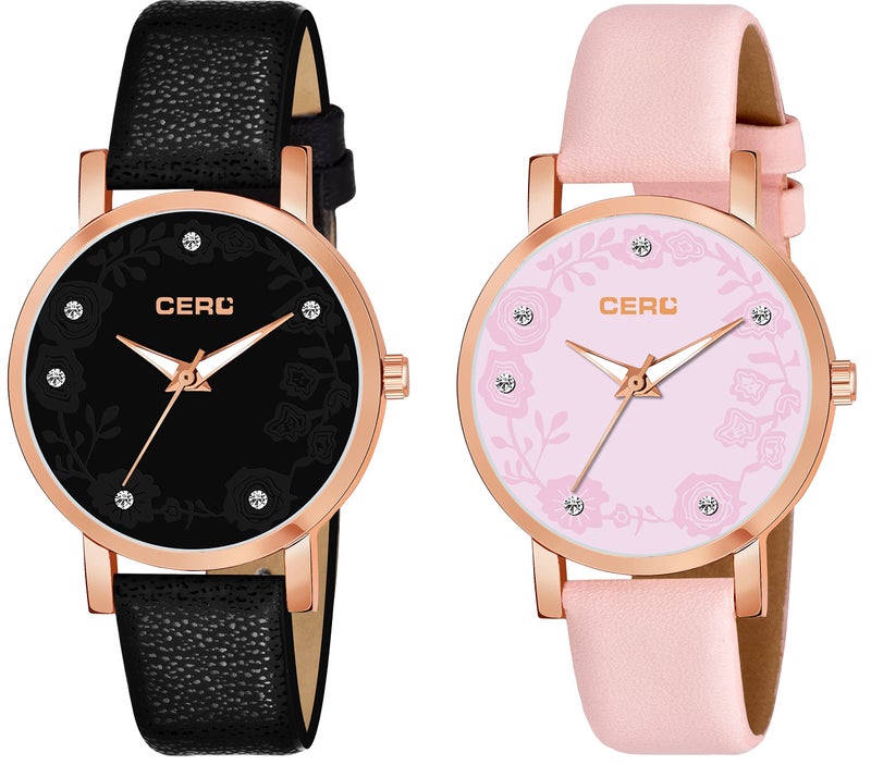 CERO Pack of 2 Analogue Leather Strap Girls & Women's Watch (Black & Pink Dial and Strap) - Image 2