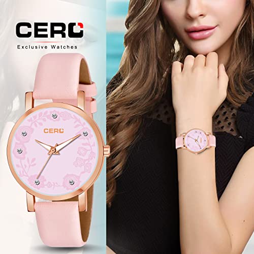 CERO Pack of 2 Analogue Leather Strap Girls & Women's Watch (Black & Pink Dial and Strap) - Image 3