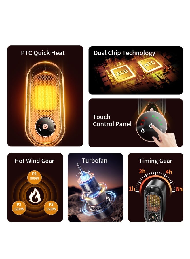 Yakiter Electric Heater, 1500W Space Heater Fan Heater with 3 Heating Modes & 4 Timer Options, 2S Fast Heating, Over-heat Protection & Tip-over Protection for Bedroom Home Office - Image 3