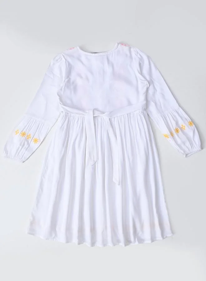 BELLA MODA Bella Moda Embroidered 3/4 Sleeves Cotton Dress with Button Front